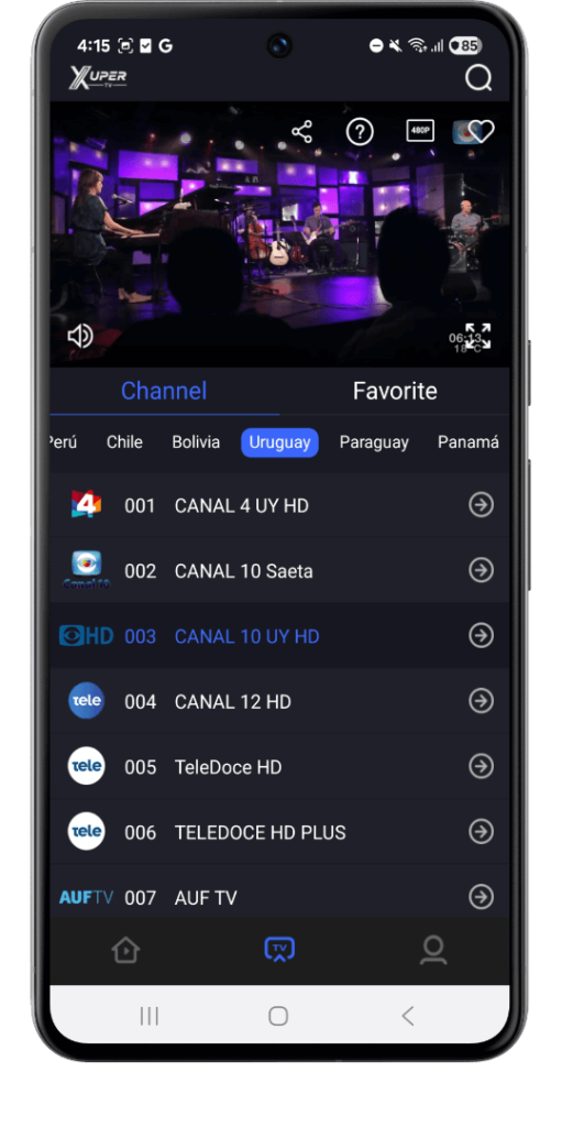 Lista de canales en la interfaz de Xuper TV